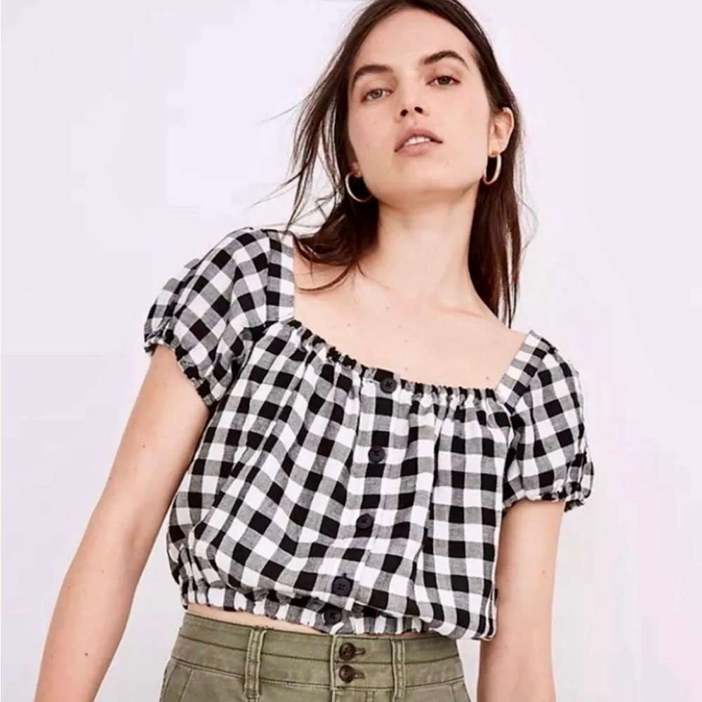 Madewell Size Small Linen blend puffed sleeve cropped top in Gingham Check